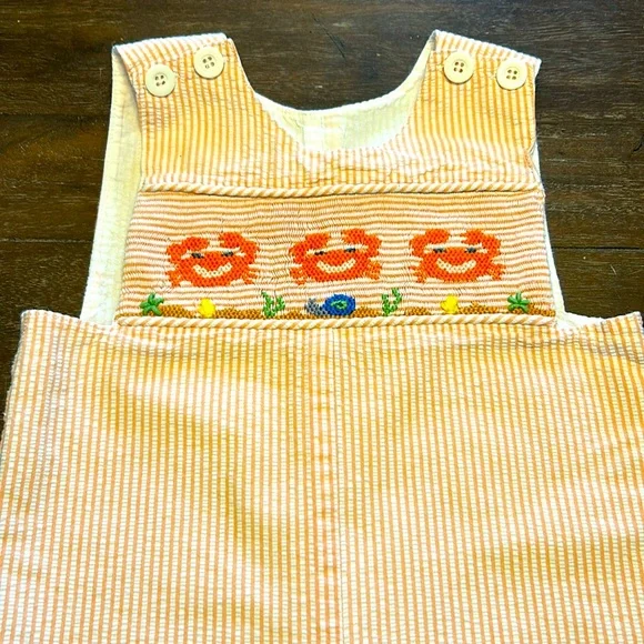 Remember Nguyen Smocked Crabs Orange Seersucker One-Piece Jon Jon - Picture 2 of 4